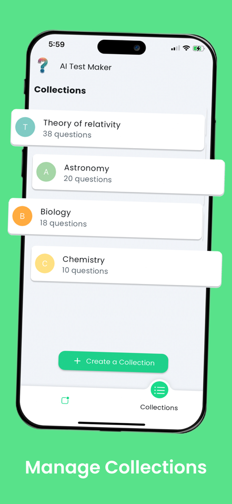 Quizziz: Quiz Maker Ai - iPhone screen of the Quizziz app displaying study collections for subjects like Biology and Astronomy