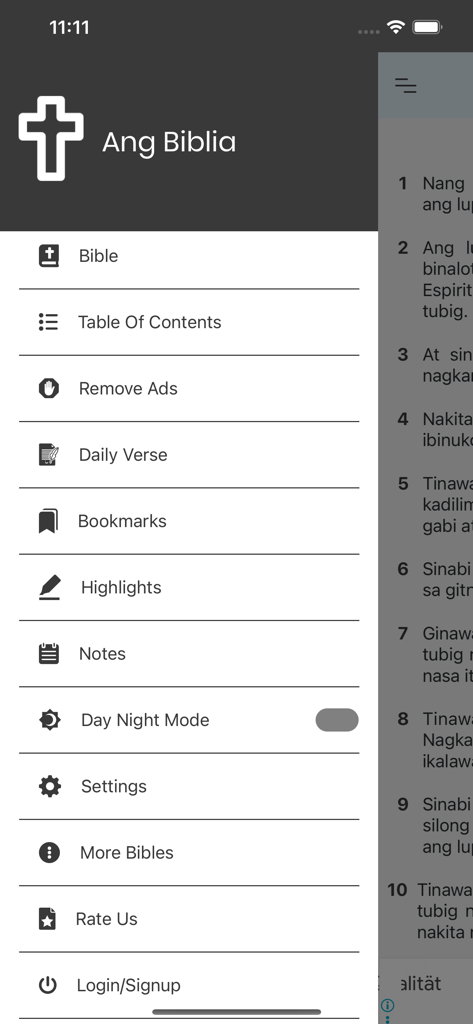 Ang Biblia - Tagalog Bible - Navigation menu of the Ang Biblia Tagalog Bible app featuring daily verse bookmarks and day night mode options