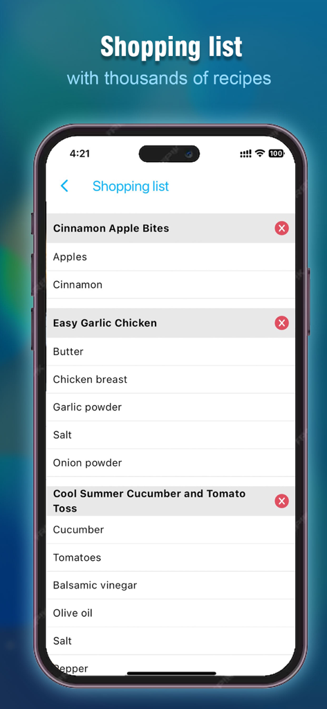 Meal Planner – Eating well - Uma lista de compras de supermercado automatizada organizada por ingredientes de receitas no aplicativo Planejador de Refeições.