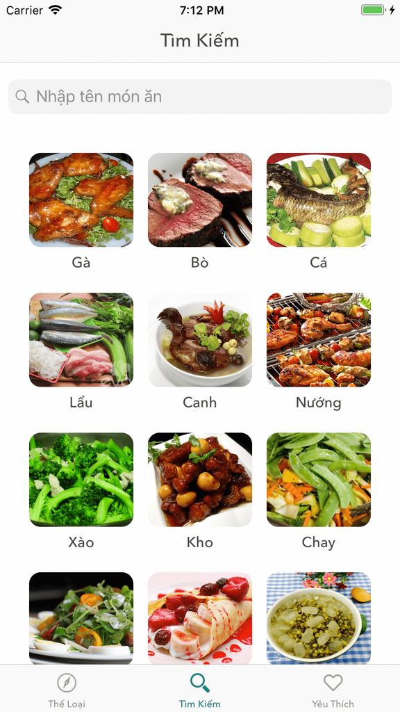 鶏肉、牛肉、鍋料理など、さまざまなベトナム料理のカテゴリが表示されたMon Ngonアプリの検索画面。