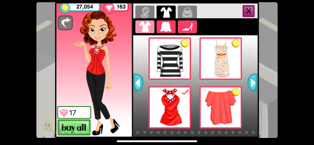 Character customization screen in Fashion Story showing a female avatar and a selection of clothing items to buy