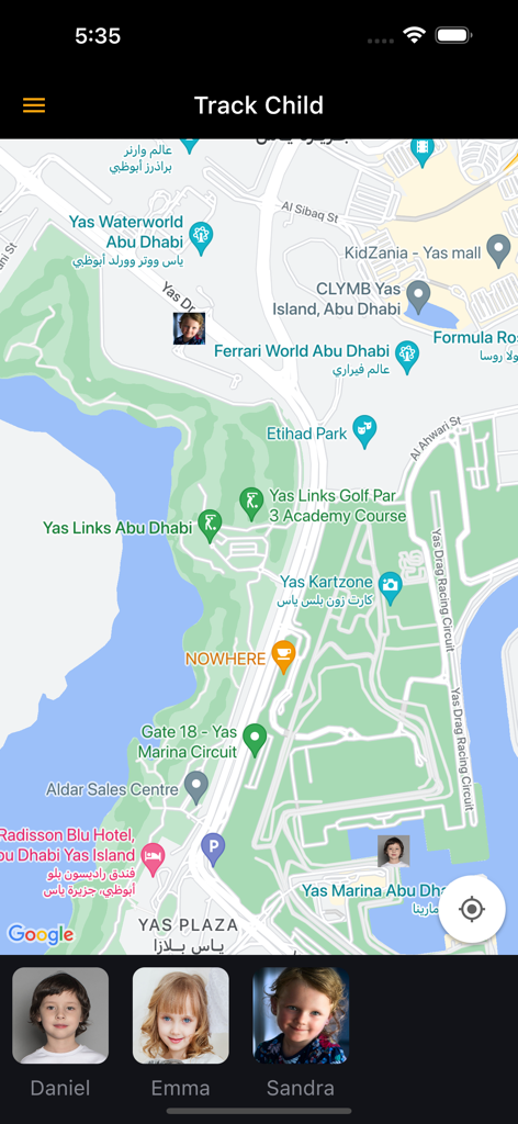 ChildGuard app screen showing real-time GPS tracking of children on a map
