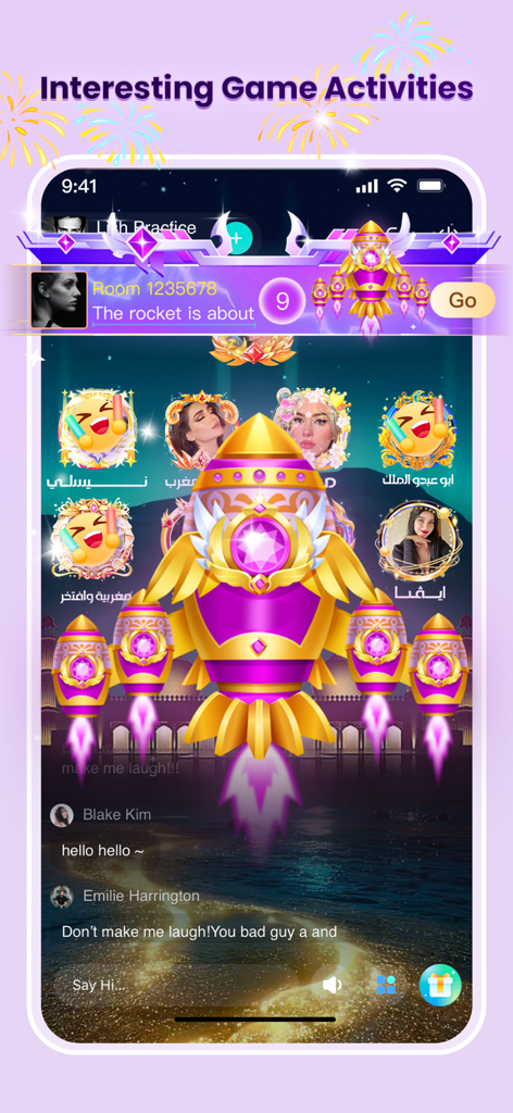Wyak - Wyak app interface showing a voice chat room with a large animated rocket gift and user profile icons.