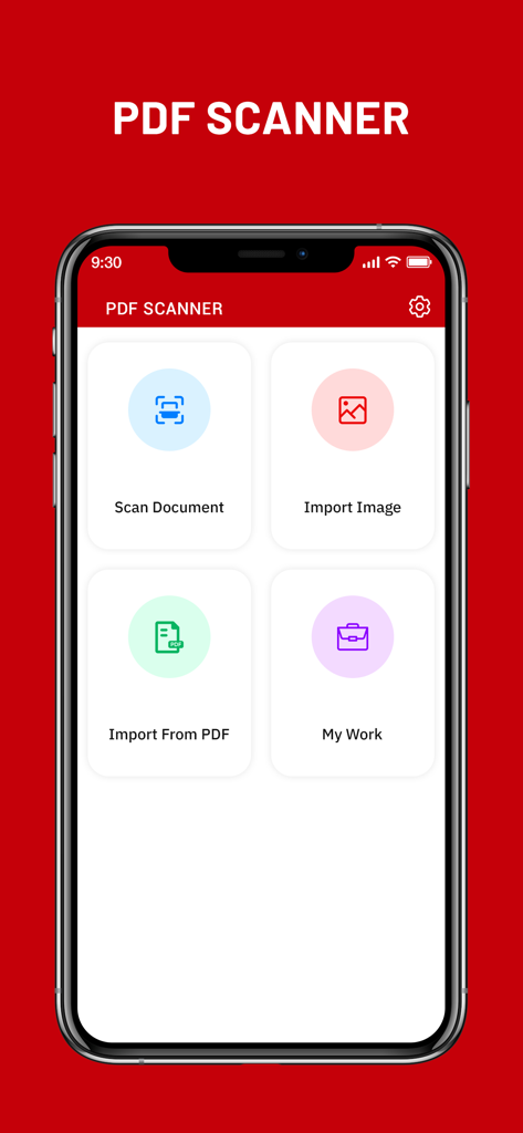 Panel principal de la aplicación Create PDF Camera Scanner en un iPhone con botones para escanear documentos e importar imágenes