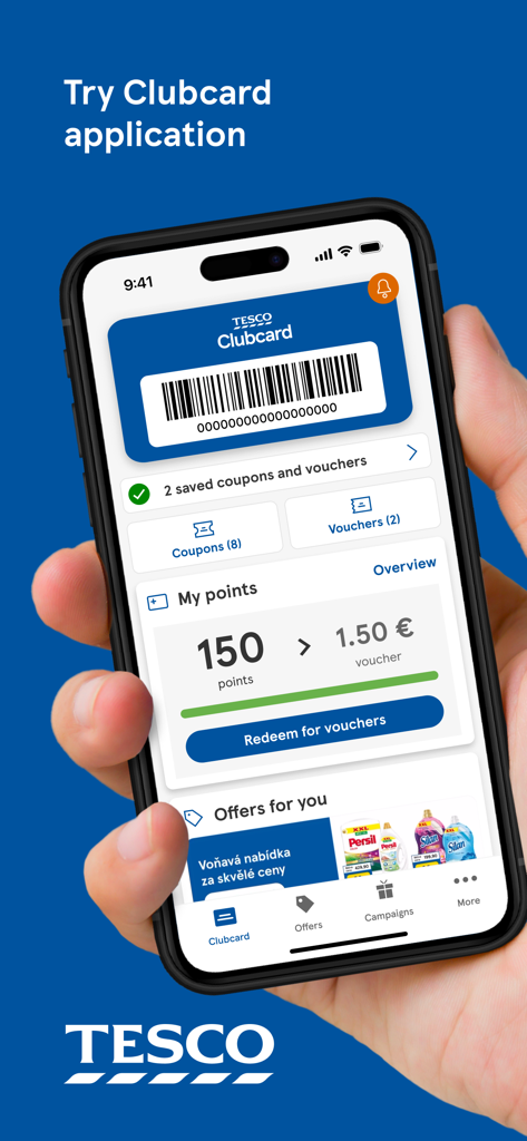 Clubcard Tesco Slovensko - Smartphone screen showing the Tesco Clubcard Slovakia app with digital loyalty card barcode and points balance