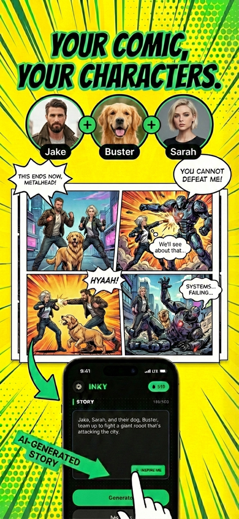 INKY: AI Manga, Comic & Anime - INKY app interface showing an AI-generated multi-panel comic strip with custom characters.