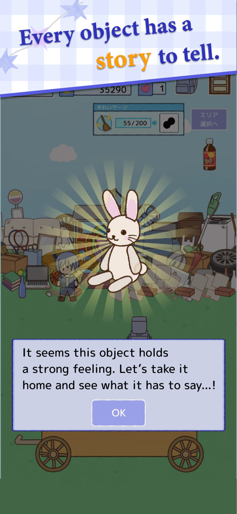 Treasure Flea Market: Cozy Sim - Treasure Flea Market Cozy Sim モバイルゲームのジャンク山で見つかったかわいいぬいぐるみウサギ。すべてのオブジェクトに物語があることを強調しています。