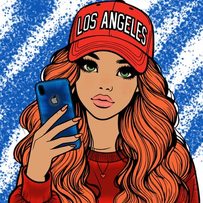 realistic beautiful girl wearing los ángeles cap holding an iphone