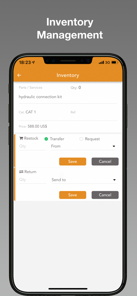 Synchroteam mobile app interface displaying inventory management for field service parts and services.