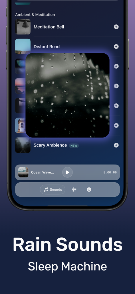 백색 소음기 DRMN 앱의 인터페이스에 비 소리와 주변 명상 옵션이 표시됨