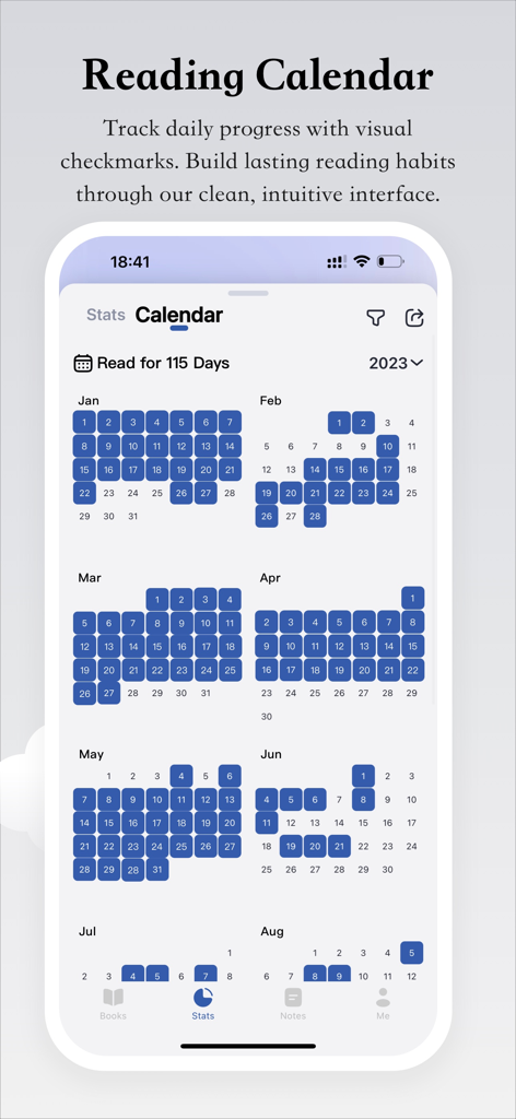 Mobile app screen showing a reading calendar with daily progress checkmarks to build reading habits