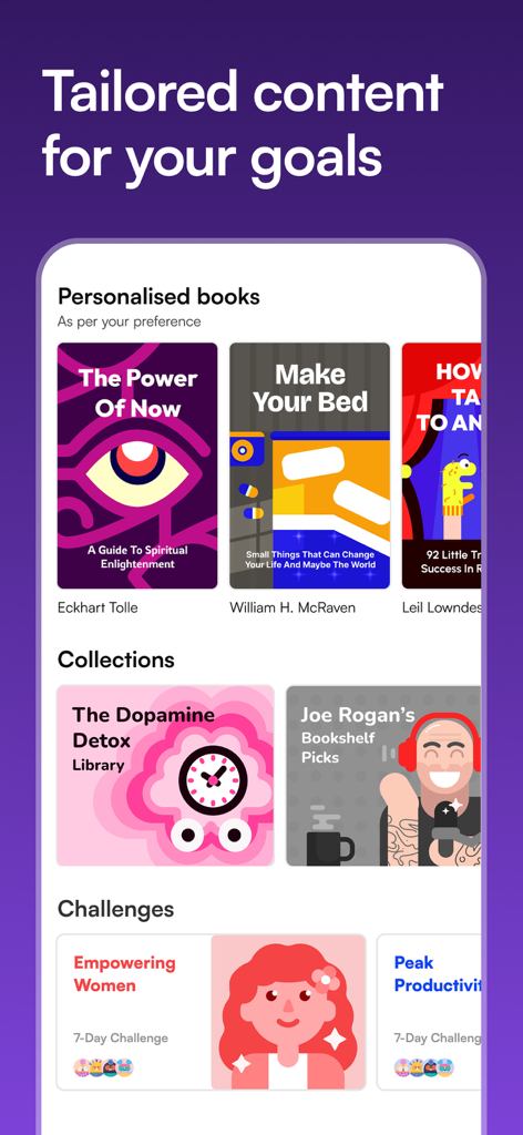 Wizdom: Book Summary & Podcast - Wizdom app interface featuring personalized book summaries and curated self-growth challenges