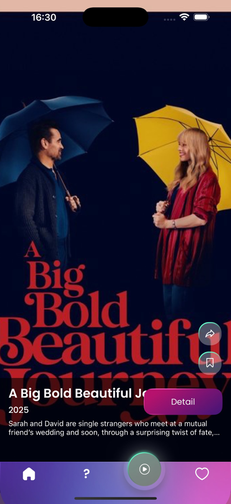 Schermata di raccomandazione del film per A Big Bold Beautiful Journey nell'app Reader Progre.