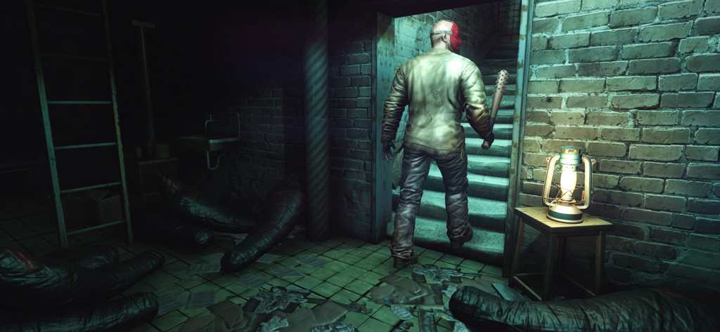 3 Days to Die – Horror Game - A masked character with a spiked bat walking up basement stairs in a dark horror game atmosphere.