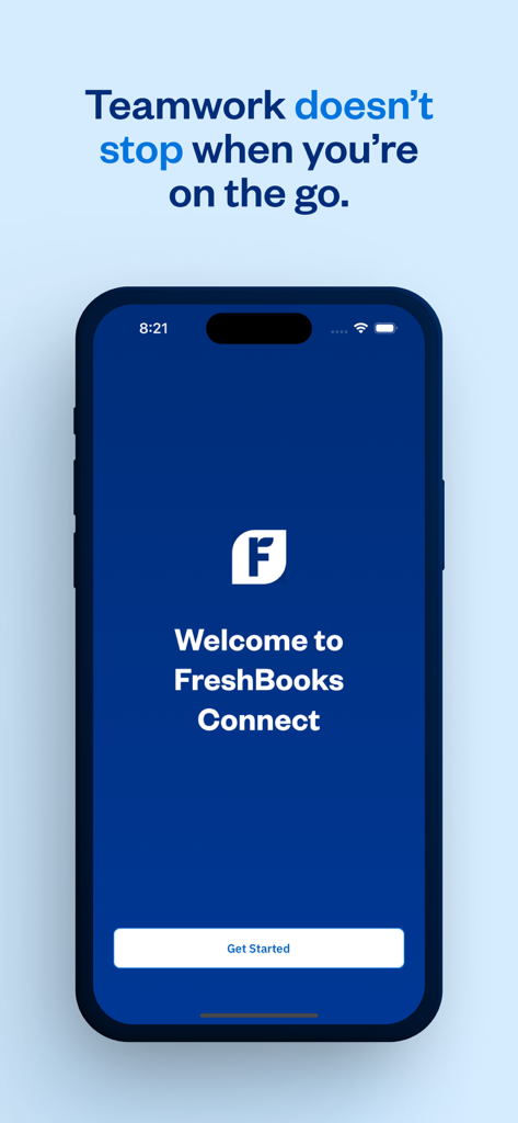 Écran d'accueil de l'application mobile FreshBooks Connect avec un bouton de démarrage.