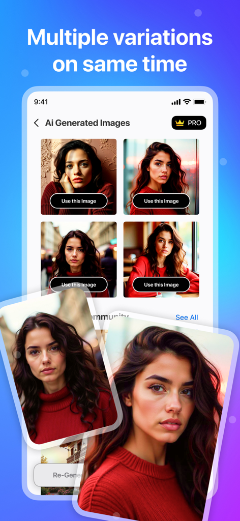 AI Figurine：AI Image Generator - AIフィギュアアプリの画面。AI生成されたポートレートの複数のバリエーションを表示。