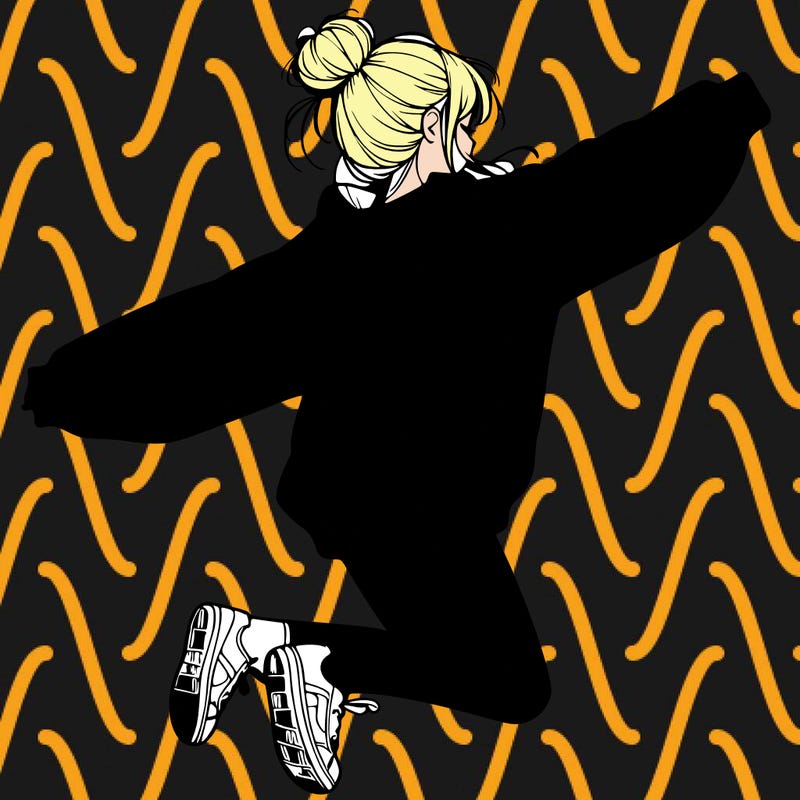 realistic girl jumping with a bun and oversized sweatshirt