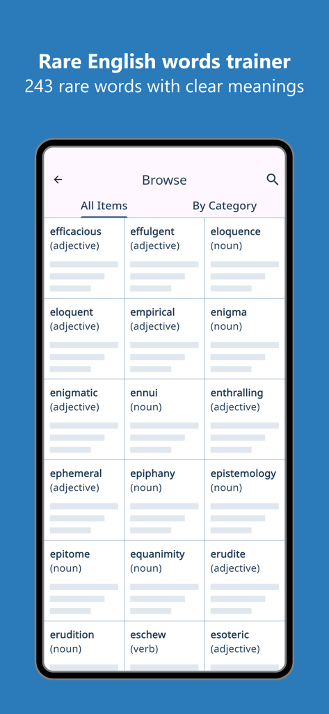 Rare English Words Trainer - A grid view of sophisticated English words like efficacious and eloquence in the app's browse screen