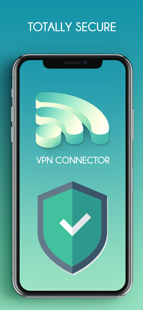 VPN Connector: Best Proxy - Interfaz de la aplicación móvil VPN Connector con texto totalmente seguro y un ícono de escudo