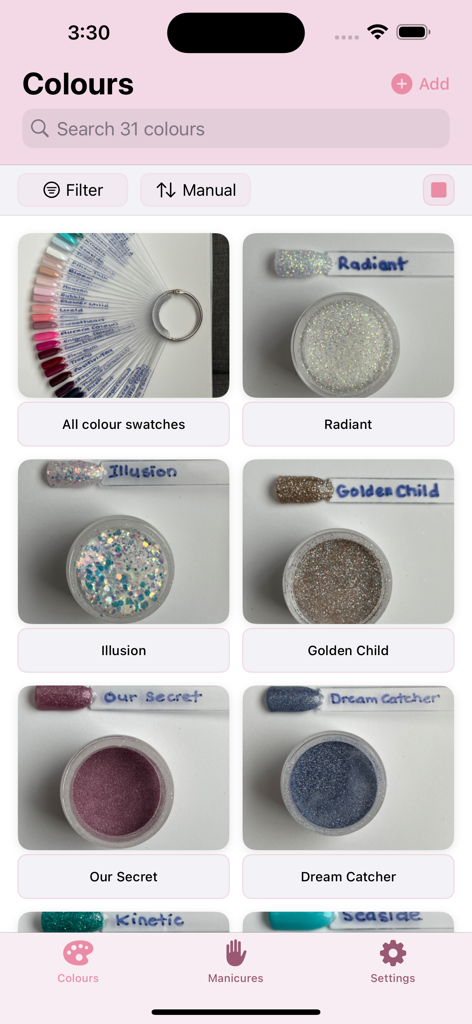 NaildIt - NaildIt 앱 내 그리드 디스플레이로 스와치 사진과 이름이 있는 네일 딥 파우더 색상 컬렉션을 보여줍니다.