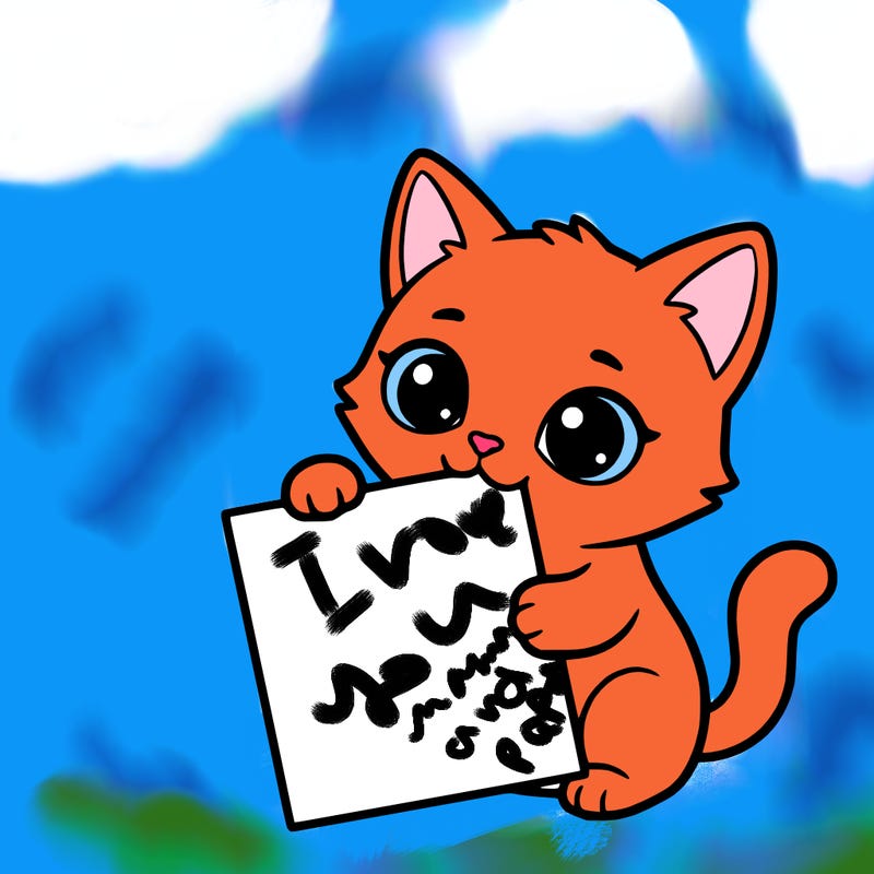 a small cat with a blank sheet of paper in its hand. the cat is sooooooo cute!