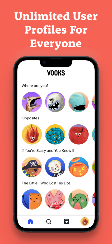 A screenshot of the Vooks app showing a variety of colorful illustrated character avatars for unlimited user profiles.