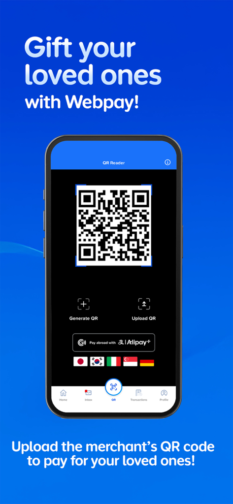 GCash - Schermata dell'app mobile GCash che mostra la funzionalità Webpay per caricare un codice QR del commerciante ed effettuare pagamenti per transazioni online familiari