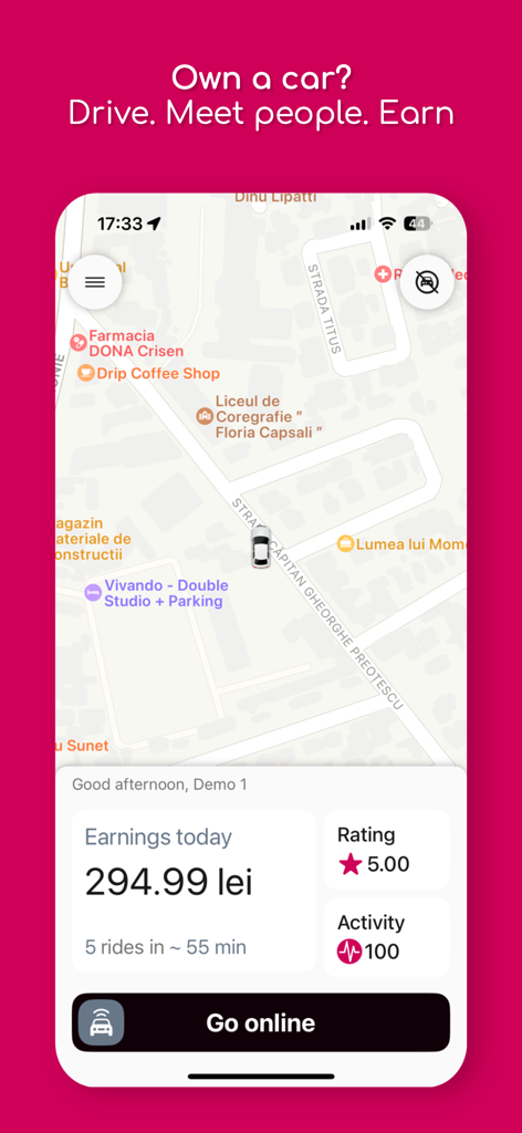 Hip.car  (ex iTaxi) - Painel do motorista do aplicativo móvel Hip.car mostrando ganhos diários e estatísticas de viagens em um mapa da cidade.