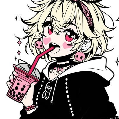 hot baddie anime girl drinking boba and biting the straw