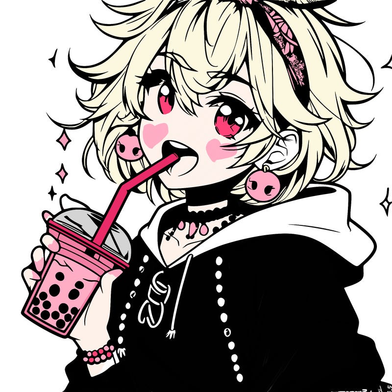 hot baddie anime girl drinking boba and biting the straw