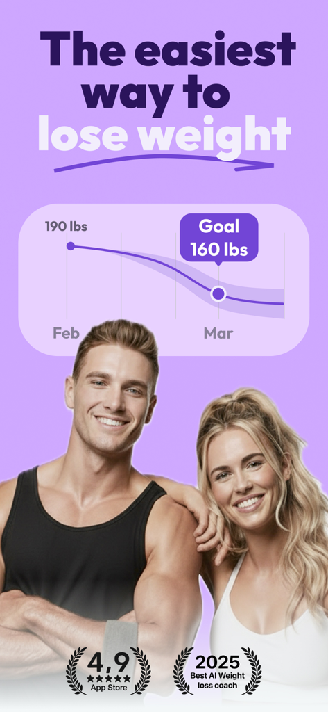 Eylo AI Weight Loss Coach app intro screen with a weight loss chart and a happy couple