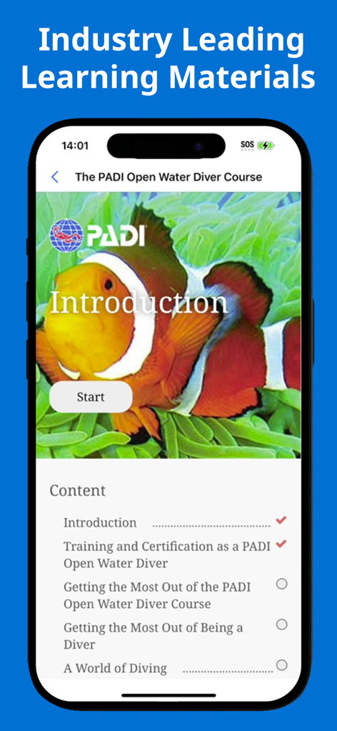 PADI app screen showing the Open Water Diver course curriculum and introduction with a clownfish image