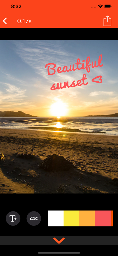 A screenshot of the Gif Me Camera app interface showing a beach sunset with a pink text overlay and editing tools for color and fonts.