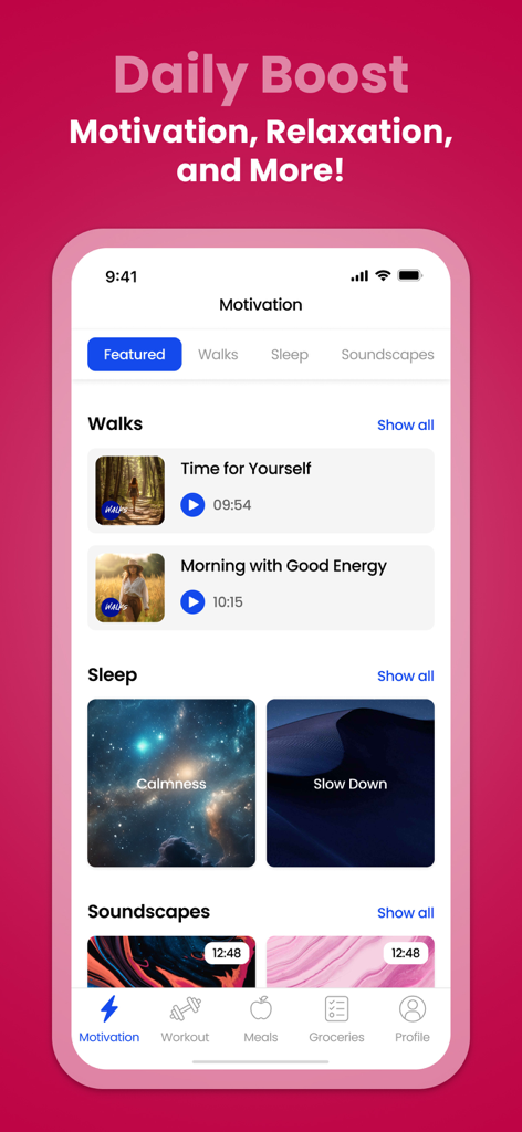 ML.Fitness Workout For Women - ML Fitness app motivation screen with guided walks and sleep sounds