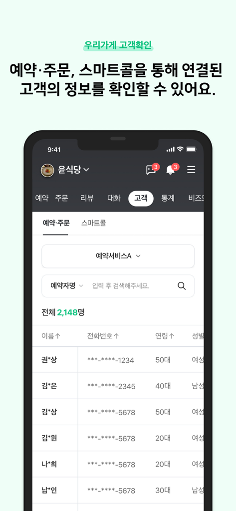 네이버 스마트플레이스센터 - Naver Smart Place Center app interface showing a list of customers with their reservation and demographic information