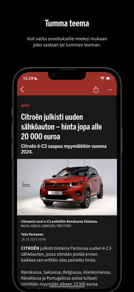 Aplicación de noticias IS Ilta Sanomat mostrando un artículo de noticias en modo oscuro