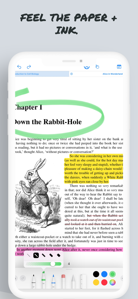 Good PDF Notebook Pencil Appのインターフェイス。ドキュメントのマークアップとハイライトが表示されています。