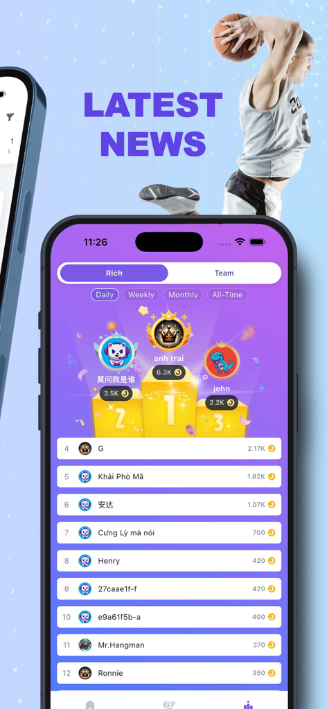 Jioo Live - Smartphone screen showing the Jioo Live app leaderboard with top ranked contributors and community rankings