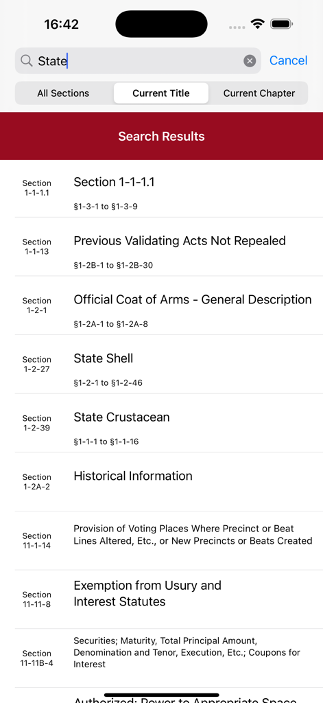 Search results screen in The Alabama Code app showing legal sections for the keyword State