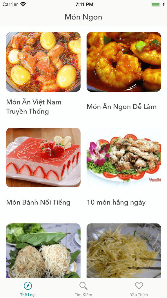 記述的な画像とベトナム語のタイトルが付いたベトナム料理カテゴリのグリッドを表示するモバイルアプリのホーム画面。