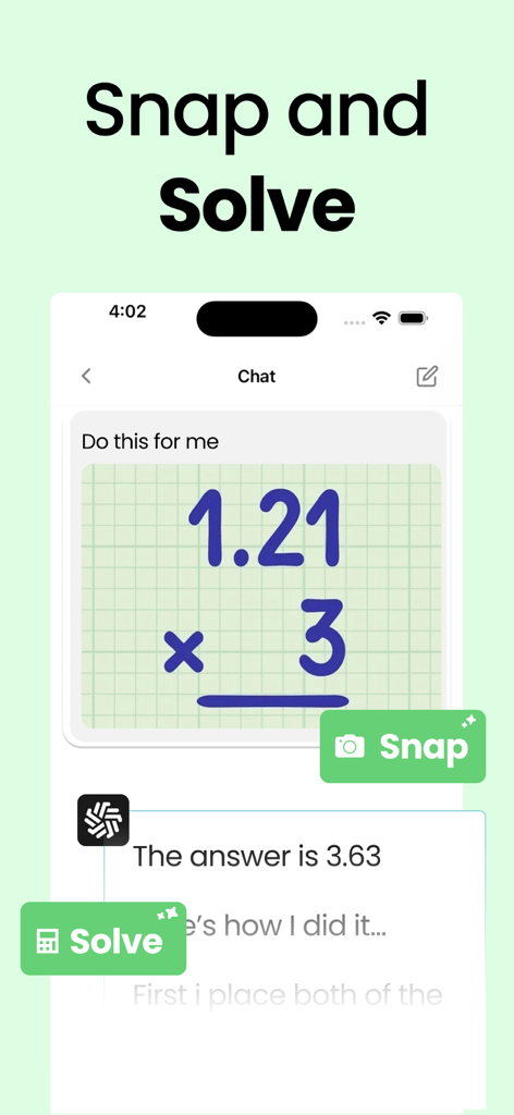 Chat Genius - AI Bot Assistant - Assistente AI che risolve un problema di moltiplicazione da una foto utilizzando la funzione 'snap and solve'