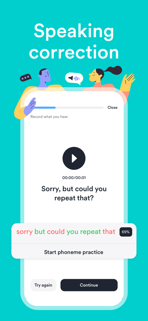 EF Hello: Learn English - Interfaccia dell'app EF Hello che mostra la correzione del parlato in tempo reale e il feedback sulla pronuncia con un punteggio percentuale.