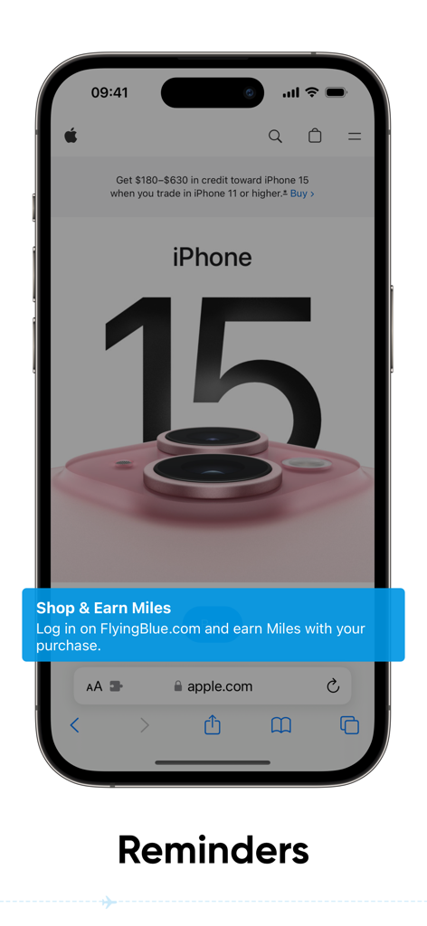 Notificación de la extensión de Safari en iPhone recordando al usuario que gane millas Flying Blue mientras compra.