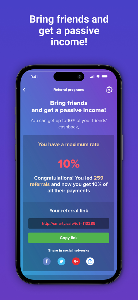 Smarty.Sale - Cash Back - Smarty.Sale app referral program screen offering passive income and referral links