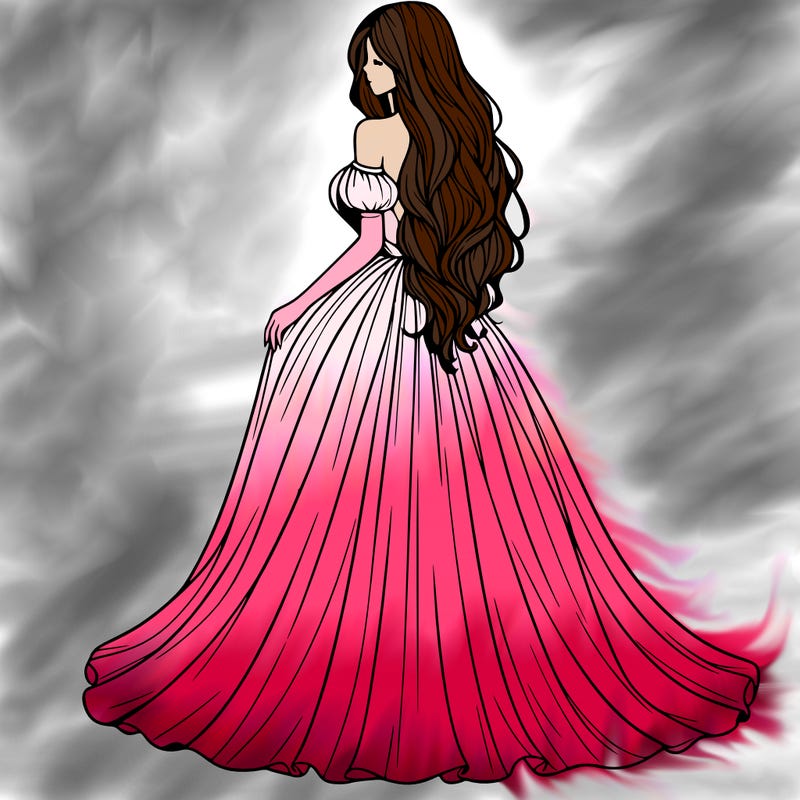 beautiful realistic girl with long dress that outlines the hips and long hair