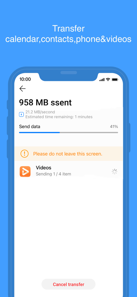Interface de l'application HUAWEI Phone Clone montrant un transfert de données sans fil en cours depuis un iPhone