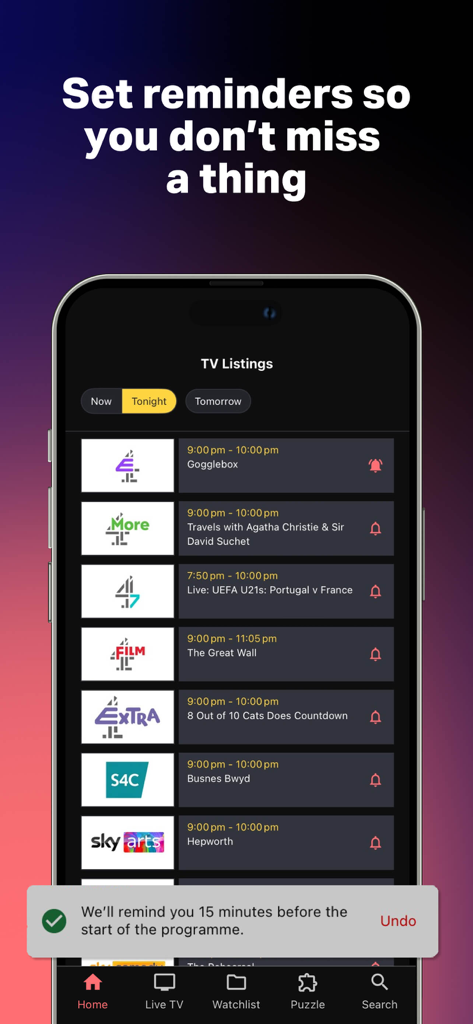 Radio Times app interface showing TV listings and a set reminder confirmation
