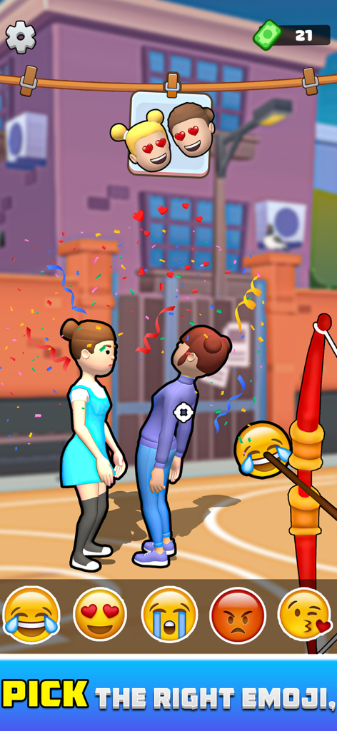 Emoji Arrow Shoot Sim Game 3D - A mobile game screen showing 3D characters and a selection of emoji arrows for shooting