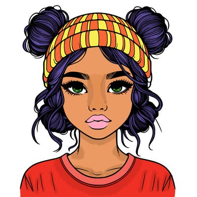 realistic girl with buns in her hair with a beanie on
