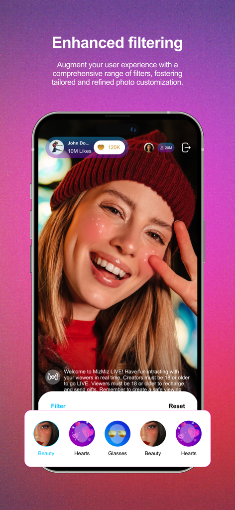 MizMiz - Eine mobile Benutzeroberfläche der MizMiz-App, die verschiedene Video filter wie Schönheit und Herzen zeigt, die auf ein Live-Video angewendet werden